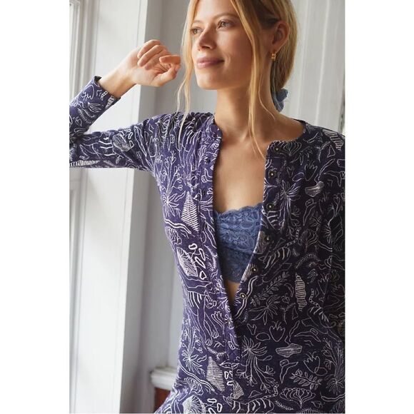 NEW Anthropologie Adele Prost Navy Fern Buttonfront Floral Lounge Jumpsuit Small - Picture 1 of 3